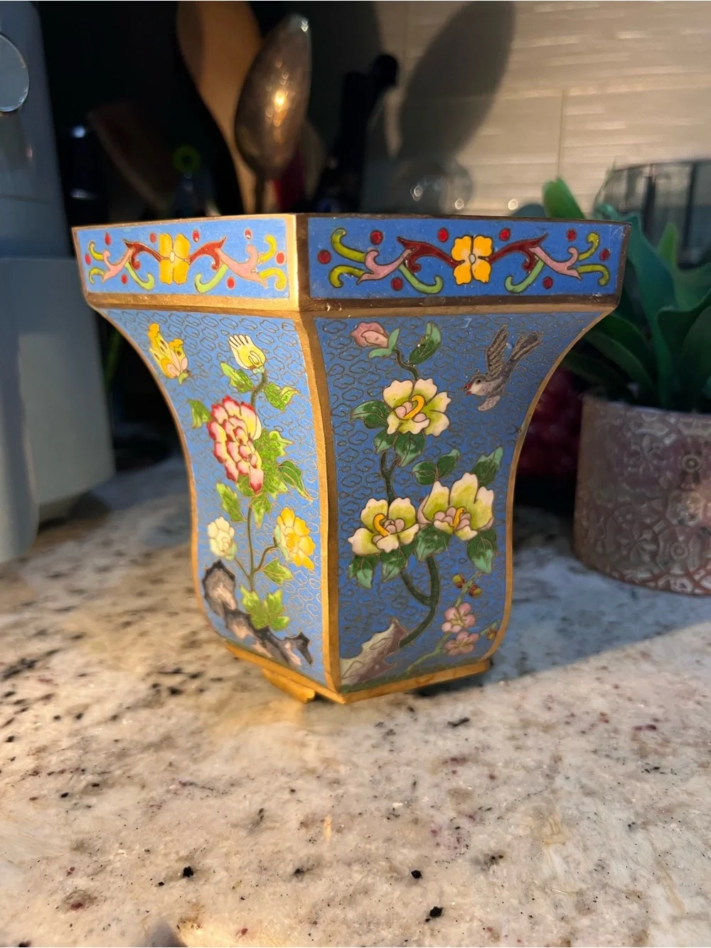 Blue Floral Cloisonné Decorative Planter read below